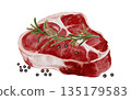 Fresh meat watercolor watercolor illustration. Food clip art. Hand-drawn organic cow meat with black pepper and rosemary on a white background. Perfect for cookbook design, restaurant menus, and 135179583