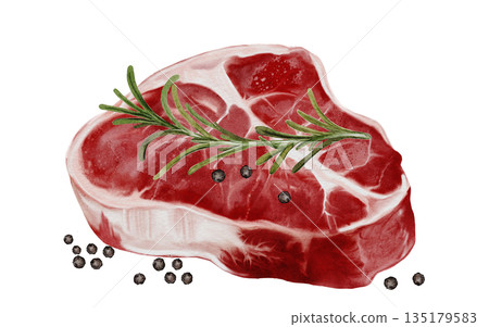 Fresh meat watercolor watercolor illustration. Food clip art. Hand-drawn organic cow meat with black pepper and rosemary on a white background. Perfect for cookbook design, restaurant menus, and Fresh meat watercolor watercolor illustration. Food clip art. Hand-drawn organic cow meat with black pepper and rosemary on a white background. Perfect for cookbook design, restaurant menus, and 135179583
