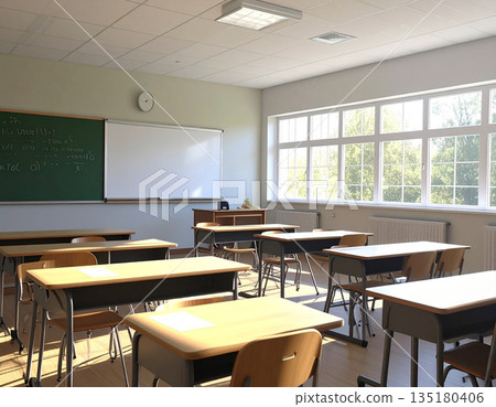 放學後，教室裡瀰漫著懷舊的氣息，金色的夕陽在課桌上投下斑駁的影子，營造出一種安靜、空曠的氛圍。 135180406