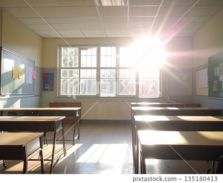 A nostalgic classroom after school, with the golden sunset casting shadows on the desks, creating a quiet, deserted scene. A nostalgic classroom after school, with the golden sunset casting shadows on the desks, creating a quiet, deserted scene. 135180413