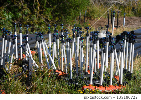 Sprinklers scattered creatively in a sunlit garden during the late afternoon hours 135180722