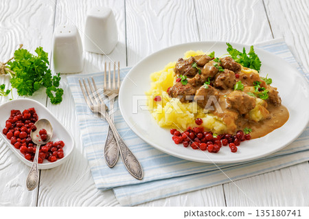 Swedish meatballs with mashed potatoes and gravy Swedish meatballs with mashed potatoes and gravy 135180741
