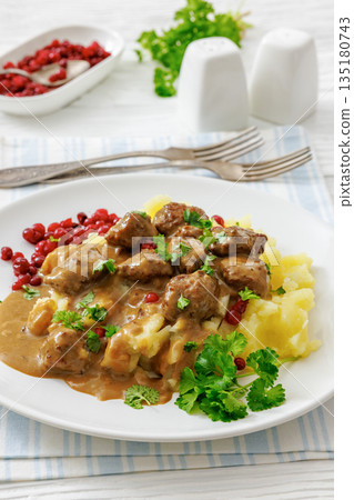 Swedish meatballs with mashed potatoes and gravy Swedish meatballs with mashed potatoes and gravy 135180743