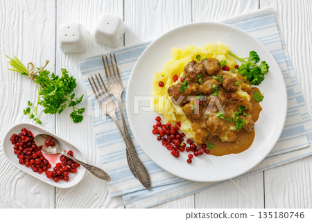 Swedish meatballs with mashed potatoes and gravy Swedish meatballs with mashed potatoes and gravy 135180746