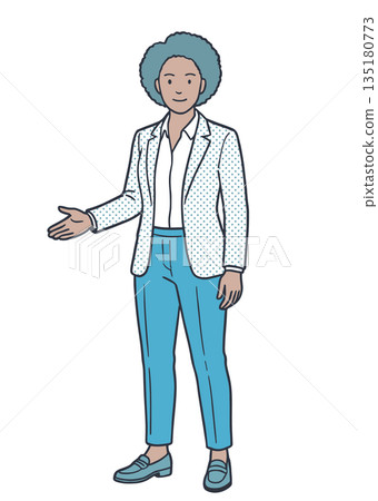 一位女性商務人士擺出講解姿勢，全身插畫（多元化） 135180773