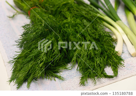 Fresh dill and green onions arranged on a kitchen counter, ready for culinary creations in a cozy home kitchen setting 135180788