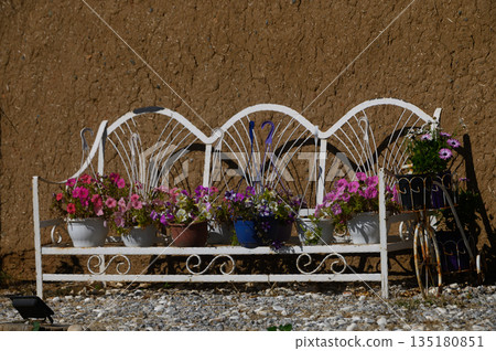 Charming outdoor bench adorned with vibrant flowers against a rustic earthen wall on a sunny day Charming outdoor bench adorned with vibrant flowers against a rustic earthen wall on a sunny day 135180851
