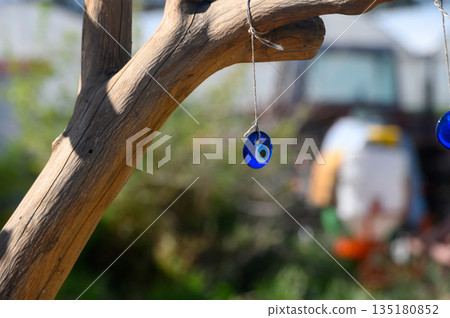 Hanging blue evil eye charms sway gently in a sunlit garden surrounded by greenery and artistic decor Hanging blue evil eye charms sway gently in a sunlit garden surrounded by greenery and artistic decor 135180852