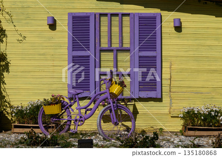 Vibrant purple bicycle adorned with yellow planters against a cheerful yellow wall in a sunlit garden setting Vibrant purple bicycle adorned with yellow planters against a cheerful yellow wall in a sunlit garden setting 135180868