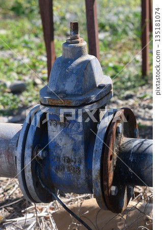 Rusty water valve nestled among wild grass in a rural landscape during a sunny afternoon Rusty water valve nestled among wild grass in a rural landscape during a sunny afternoon 135181074