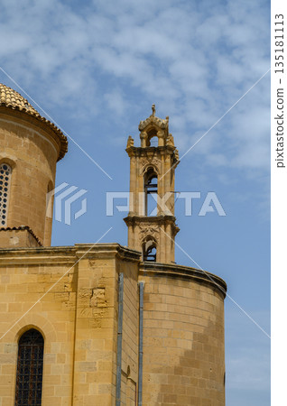 Exploring the intricate architecture of a historical church against a vivid sky 135181113