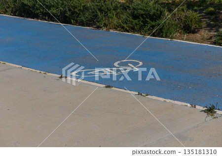 Bright blue bicycle lane inviting cyclists to explore nature on a sunny day in a serene park 135181310