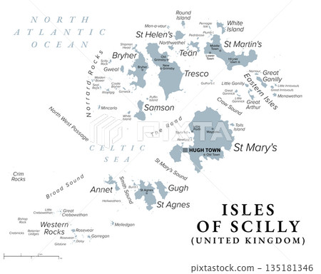 Isles of Scilly, United Kingdom, gray political map. Archipelago off the southern tip of Cornwall, England, with Hugh Town as capital and largest settlement on St Marys, the largest island. Vector Isles of Scilly, United Kingdom, gray political map. Archipelago off the southern tip of Cornwall, England, with Hugh Town as capital and largest settlement on St Marys, the largest island. Vector 135181346