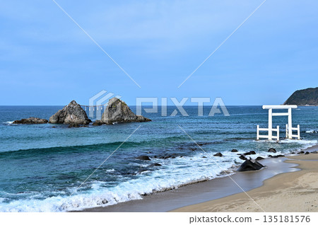 糸島縣櫻井市二田浦，初夏時節，白色鳥居和名王岩的壯麗景色盡收眼底。 135181576