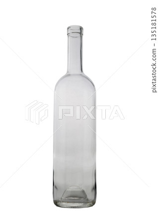 Empty Clear Glass Bordeaux Wine Bottle on White Background Empty Clear Glass Bordeaux Wine Bottle on White Background 135181578