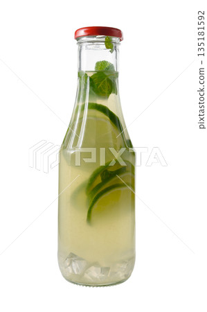 Glass Bottle of Mojito Cocktail with Lemon and Ice on White 135181592