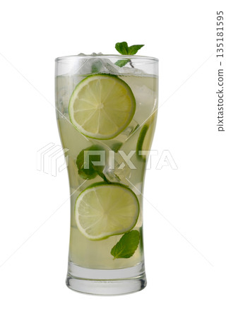 Mojito in Highball Glass with Lime and Mint on White 135181595