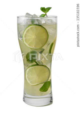 Fresh Lime Lemonade in Highball Glass with Mint on White Fresh Lime Lemonade in Highball Glass with Mint on White 135181596