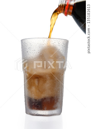 Coca-Cola Bottle Tilted Pouring into Iced Glass on White Coca-Cola Bottle Tilted Pouring into Iced Glass on White 135181613