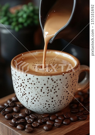 Pouring Milk into a Spotted Patterned Cup Against a Backdrop of Coffee Beans Pouring Milk into a Spotted Patterned Cup Against a Backdrop of Coffee Beans 135181692