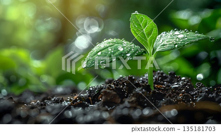 背景是嫩芽和森林，閃爍著水滴的光芒 135181703