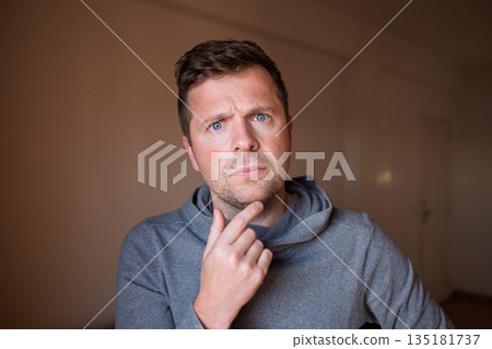 Middle Aged European Man Worried, Thinking About His Problems and Hopeless Situation 135181737