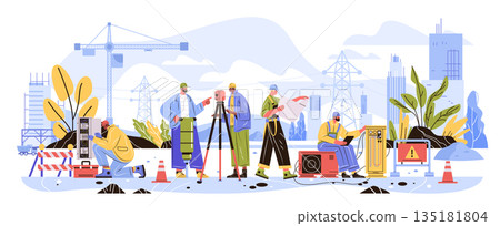 Construction workers skilled trades teamwork building site professionals operating equipment blueprints electrical and HVAC repair city background flat Construction workers skilled trades teamwork building site professionals operating equipment blueprints electrical and HVAC repair city background flat 135181804