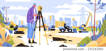 Surveyor construction site worker measuring land with equipment surrounded by excavators city buildings cranes power lines nature background web banner 135181805