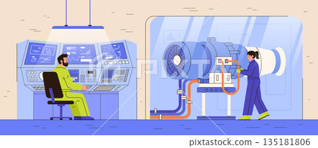 Engineers operating industrial control panel turbine testing laboratory high tech equipment modern workspace blue orange tones 135181806