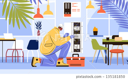 Electrician working electrical panel modern office tools plants colorful interior workspace safety helmet toolbox Electrician working electrical panel modern office tools plants colorful interior workspace safety helmet toolbox 135181850