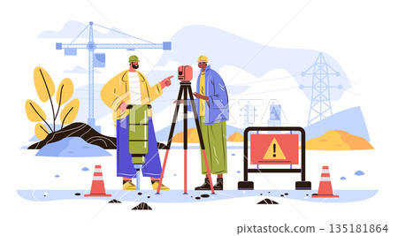 Construction workers land survey equipment teamwork building site cranes power lines safety cones modern flat design 135181864