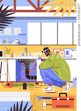 Plumber fixing kitchen sink pipes modern workspace tools plants interior colorful flat design home repair service concept 135181877