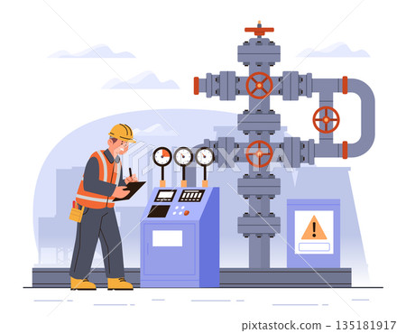 Oil and gas worker monitoring pipeline control system industrial engineer safety equipment gauges machinery modern plant flat design 135181917