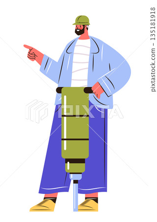Construction worker operating jackhammer safety helmet modern uniform isolated white background flat colorful style Construction worker operating jackhammer safety helmet modern uniform isolated white background flat colorful style 135181918