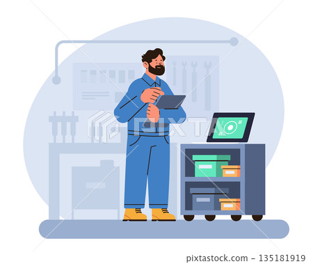 Mechanic engineer technician digital tablet workshop tools equipment shelves computer modern workspace blue tones Mechanic engineer technician digital tablet workshop tools equipment shelves computer modern workspace blue tones 135181919