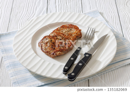 Fried Medium Rare Beef Steak on White Plate Fried Medium Rare Beef Steak on White Plate 135182069