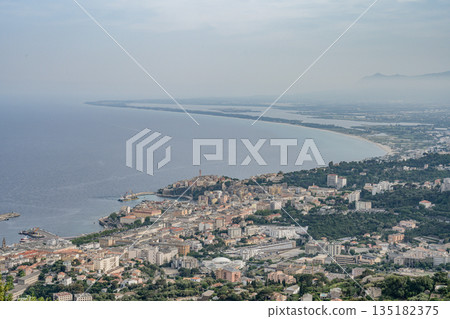 Aerial view Mountain Viewpoint of Bastia in the north of Corsica island - Genoese city overlooking the Mediterranean Sea 135182375