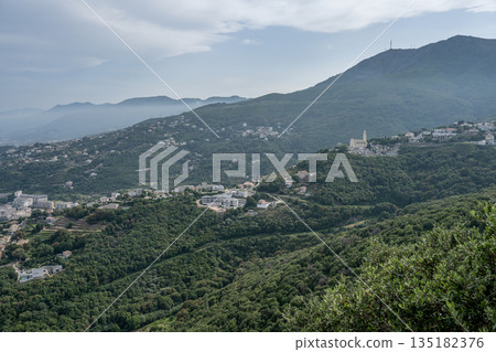 Aerial view Mountain Viewpoint of Bastia in the north of Corsica island - Genoese city overlooking the Mediterranean Sea Aerial view Mountain Viewpoint of Bastia in the north of Corsica island - Genoese city overlooking the Mediterranean Sea 135182376