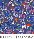 Hand drawn botanical print featuring purple caladium foliage and orange poppies for textile design and gift wrap. 135182408