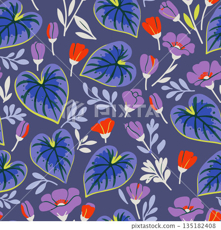 Hand drawn botanical print featuring purple caladium foliage and orange poppies for textile design and gift wrap. 135182408