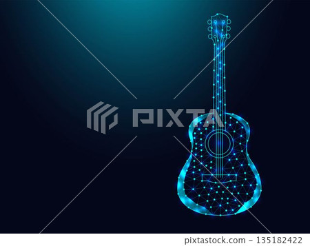 Low poly wireframe acoustic guitar on dark blue background. 135182422
