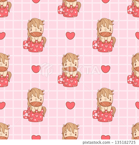 Seamless pattern with Cute Little Horse in Cup of Hearts on checkered pink background. Funny Adorable romantic Animal Pony Kawaii character. Vector illustration. Kids collection. Not AI Seamless pattern with Cute Little Horse in Cup of Hearts on checkered pink background. Funny Adorable romantic Animal Pony Kawaii character. Vector illustration. Kids collection. Not AI 135182725