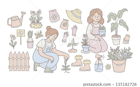 Gardening Women and Tools Set. Girls Planting Flowers, Indoor Plants, Flowerpots with Garden Equipment. Isolated Hand Drawn Pastel Color. Vector Illustration. Not AI Gardening Women and Tools Set. Girls Planting Flowers, Indoor Plants, Flowerpots with Garden Equipment. Isolated Hand Drawn Pastel Color. Vector Illustration. Not AI 135182726
