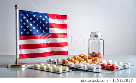 American Flag With Pills And Medicine Bottle On Desk For Healthcare And USA Theme. 135182937