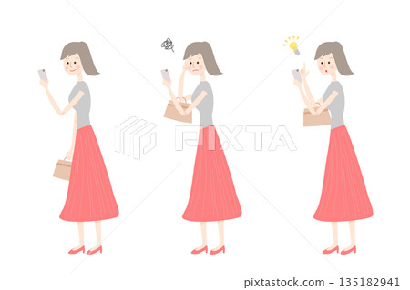 一組女性看著智慧型手機的臉部表情 一組女性看著智慧型手機的臉部表情 135182941