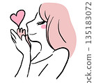 Hand-drawn illustration of a woman kissing a heart with both hands 135183072