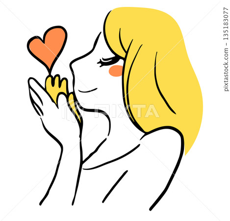Hand-drawn illustration of a woman kissing a heart with both hands Hand-drawn illustration of a woman kissing a heart with both hands 135183077