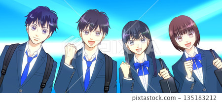 動漫風格的插圖,描繪了背著背包和書包的高中或初中男女學生。 動漫風格的插圖,描繪了背著背包和書包的高中或初中男女學生。 135183212