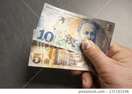 Georgian Lari banknotes in a man's hand Georgian Lari banknotes in a man's hand 135183296