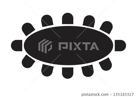 Silhouettes of oval table and chairs around it. Cafe or restaurant seats arrangement plan. Workplase, meeting or business training seatings scheme top view. Vector graphic illustration 135183327
